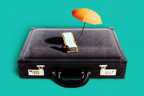 Illustration of a briefcase with an umbrella and a beach chair on top.