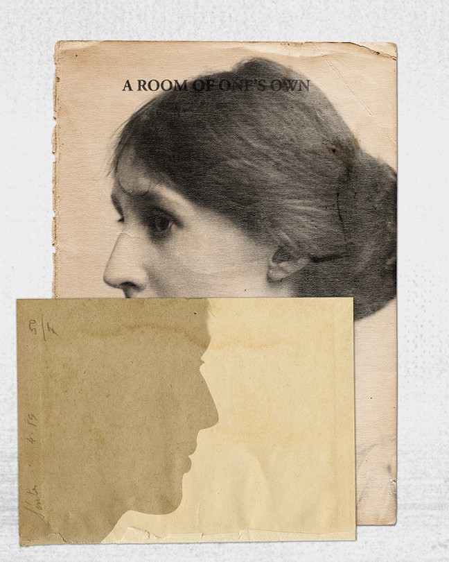 Images of Virginia Woolf on book pages with the words "A Room of One's Own"