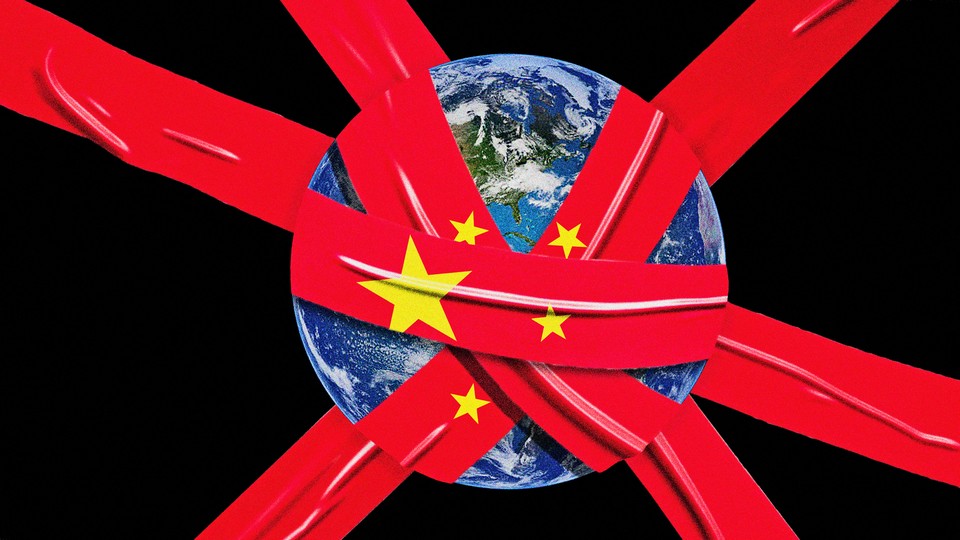 An illustration of the globe wrapped up in red tape stylized like the flag of China.