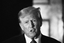 Black-and-white picture of Donald Trump talking