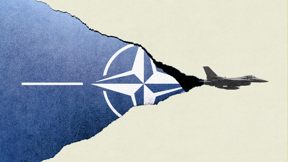 Illustration of NATO flag being torn by a fighter jet