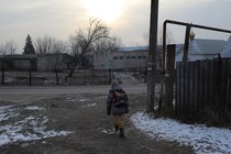 A boy goes to school in the village of Varvarovka, eastern Ukraine.