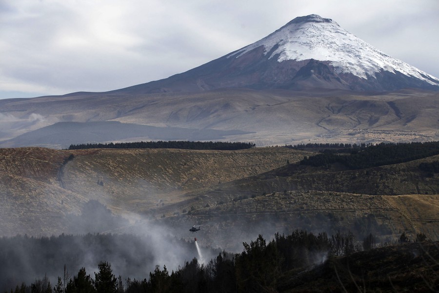A firefighting helicopter drops water on a smoldering forest, with a large snow-topped volcano in the distance.