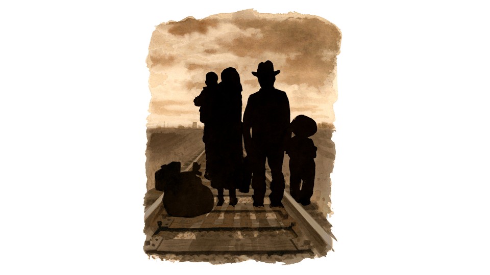 illustration of a family standing on a train track in silhouette