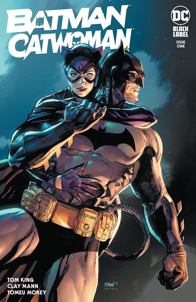 A comic book cover that reads Batman Catwoman, with an illustration of Batman posing, looking into the distance, with Catwoman standing behind him with her arms around him 
