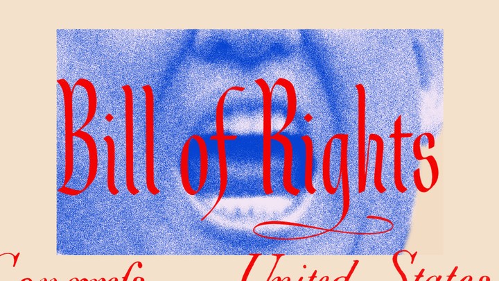 An illustration of Trump with "Bill of Rights" written over his mouth.