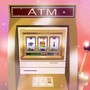 Artwork of a combination ATM-slot machine with small illustrations of a graduation cap, a house, and a suit and tie on the game screen.