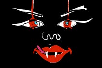 An illustration of a face where someone is licking their red lips with visible sharp teeth