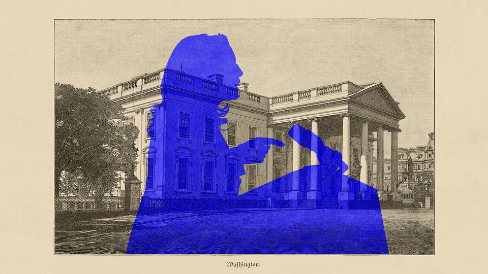 A blue silhouette of Kamala Harris speaking against the background of neoclassical Washington building