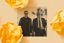 A black-and-white photo of Elon Musk standing next to president Donald Trump