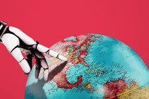 An image of a robot finger point to a globe