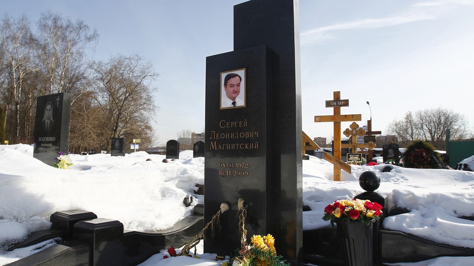 Flowers are pictured on the grave of Sergei Magnitsky at the Preobrazhensky cemetery in Moscow.