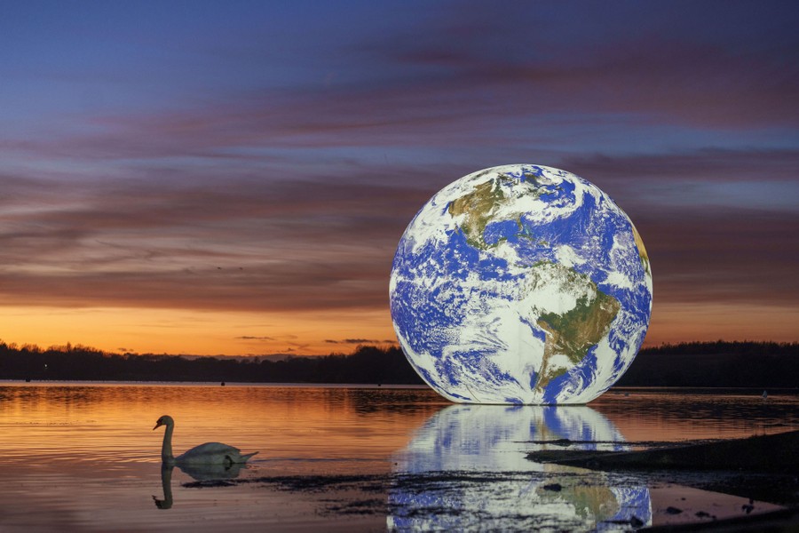 A swan swims by a large floating illuminated inflatable model of the Earth.