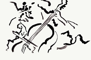 A silhouette of someone playing a cello in black paint strokes against a white background