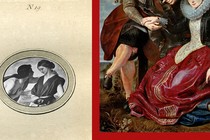 A collage of two older artworks depicting couples holding hands