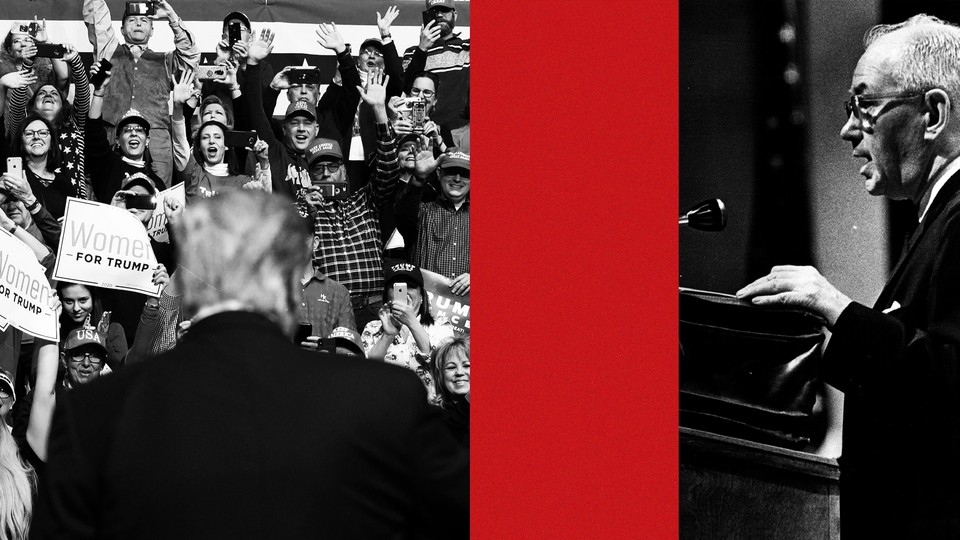 Illustration with a photo of Trump speaking to a crowd, a vertical red ribbon, and a photo of Robert Welch in front of a microphone