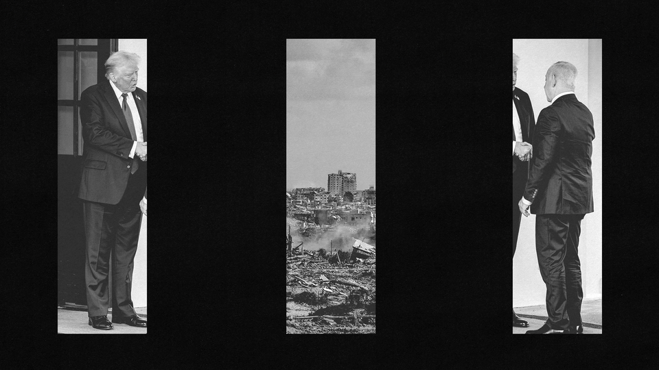 black and white collage of Trump, Netanyahu, and Gaza