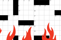 An illustration of crossword puzzle boxes with flames at the bottom.