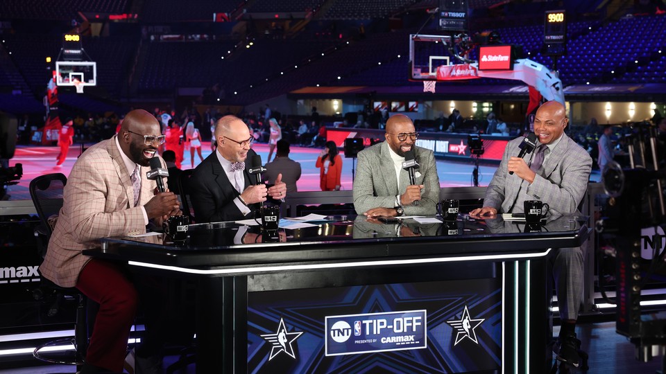Shaquille O’Neal, Ernie Johnson, Kenny Smith, and Charles Barkley from TNT's "Inside the NBA"