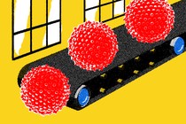 An illustrated assembly line churns out malignant-looking particles.