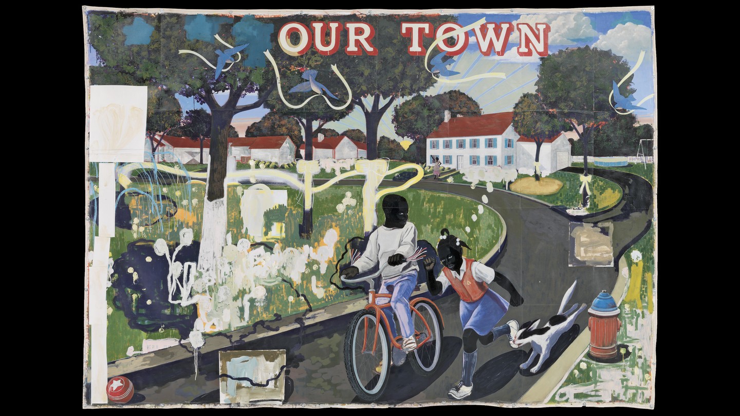 A Kerry James Marshall painting of two Black children coming down a road, one on a bike and the other on foot