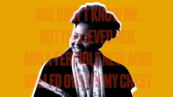 A photo of Tracy K Smith smiling against an orange background