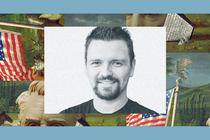 A black-and-white posed photo of The Babylon Bee’s editor in chief, Kyle Mann, is set into a frame featuring The Experiment’s show art.
