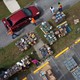 Aerial view of volunteers distributing food.