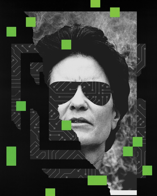 black-and-white photo of Swisher in sunglasses with collaged circuitboard and green squares