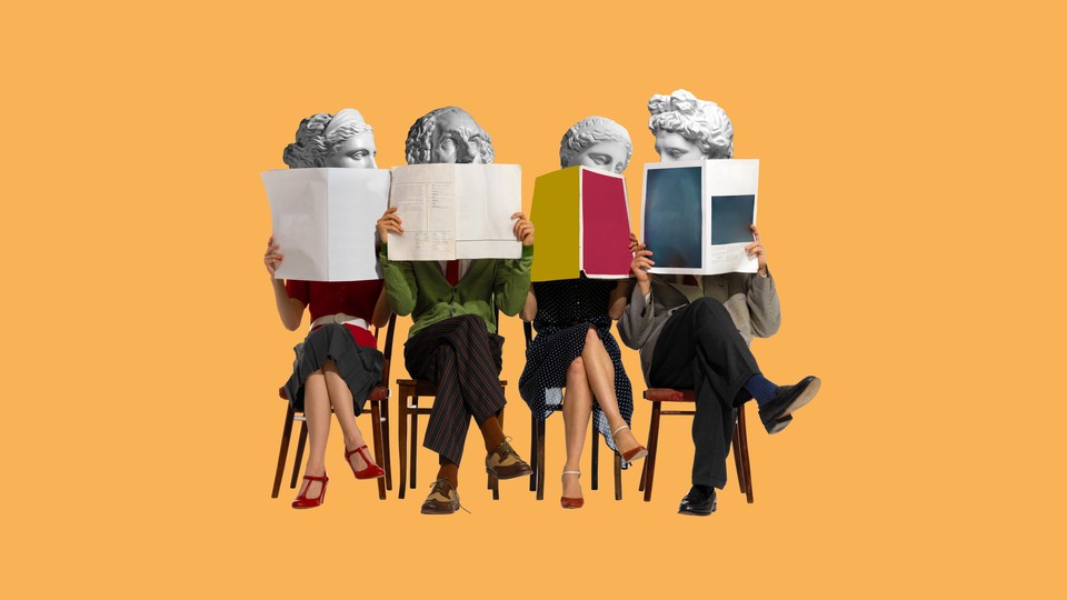 Four people with antique statue heads sit on chairs and read newspapers and magazines.