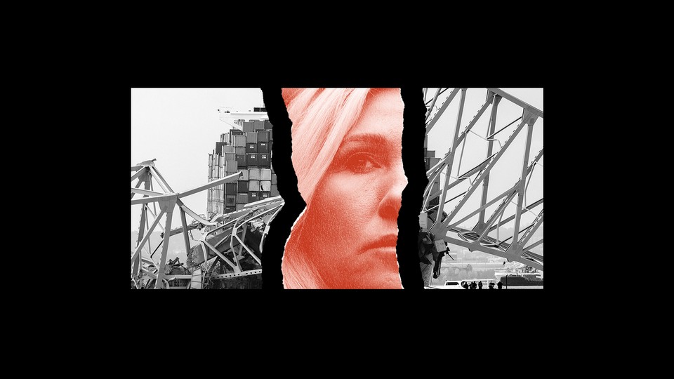 Marjorie Taylor Greene's face is superimposed on the collapsed Baltimore bridge.
