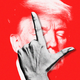 Illustration of a hand making the letter "L" in front of Trump's face.