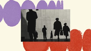 On a cream-colored background, a group of purple ovals gives the impression of curving backwards; near the bottom, a group of red ovals stands in a row. In the center is a black-and-white photograph of people walking in different directions against a cement background. The figures are all black, like shadows, carrying briefcases and wearing long coats, hats, and business suits.