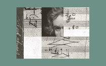 Collage of a portrait of Beethoven and his handwritten manuscripts, including unusual dynamic markings