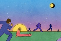 A woman in red sits before a setting sun as runners in blue speed past her under the stars and moon.