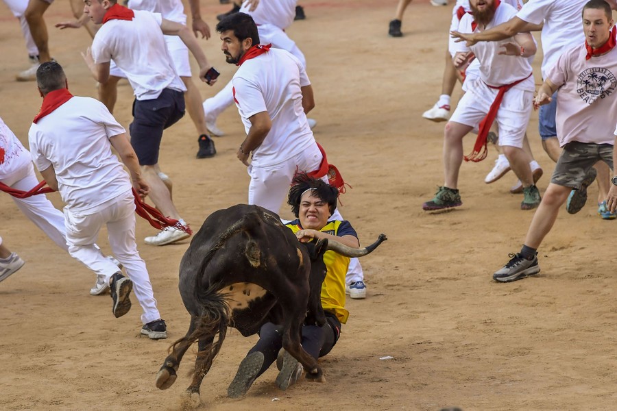 People run inside a bullring as one runner is knocked down by a charging steer.