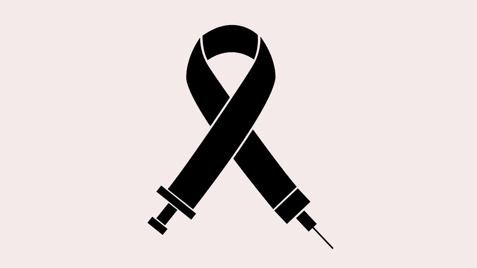 Illustration of a vaccine needle shaped into a cancer ribbon.