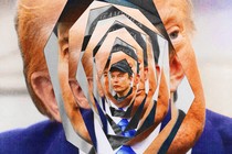 A graphic illustration of an image of Elon Musk getting smaller as it twists against the backdrop of an image of President Donald Trump.