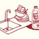 An illustration of a sink, Drano, and a pile of dishes against a cream-colored background