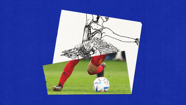 A drawing of a ballerina's upper body above a photo of a soccer player's legs.