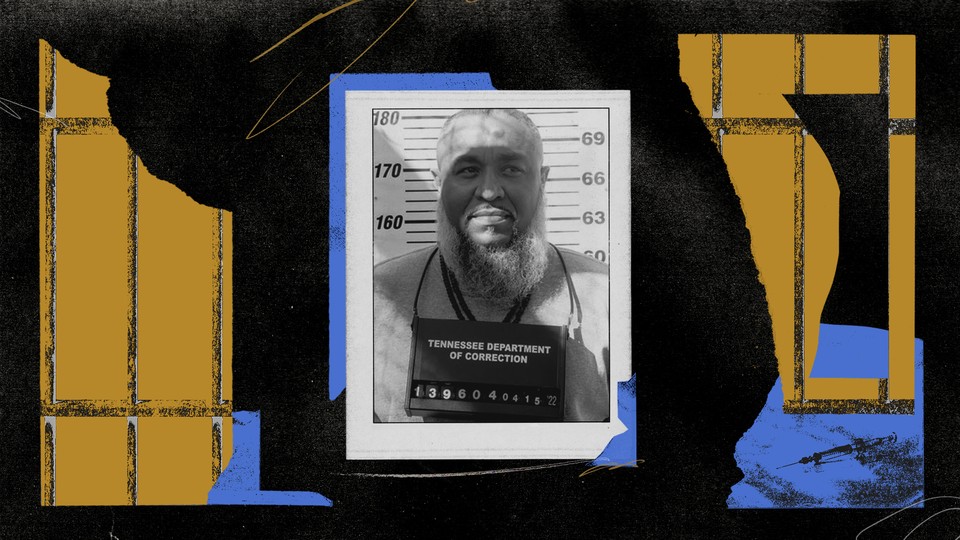 A photo of Tony Carruthers in prison against an illustrated backdrop featuring prison bars.