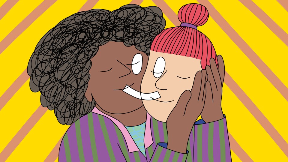 Illustration of a woman with curly black hair holding the head of a red-haired woman so that their cheeks touch, as a white smiley face is overlayed in front of their embrace