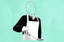 A graphic showing a volunteer with a soup kitchen ladle. The volunteer's head is missing, replaced by a stenciled outline.