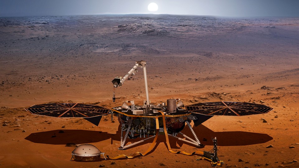 An illustration of NASA's InSight lander, with its wing-like solar panels, on the surface of Mars