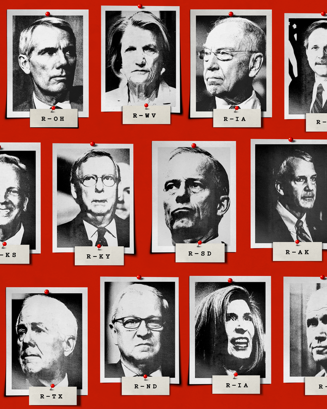 photo-illustration of black-and-white photos of 10 Republican senators pinned to red board including pinned labels indicating each senator's state