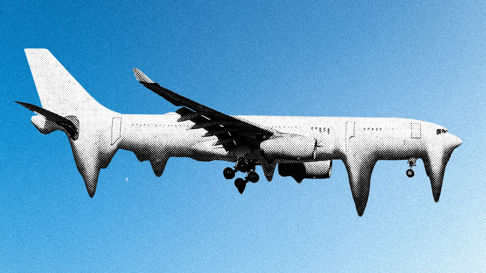 Illustration of an airplane that appears to be melting in the sky