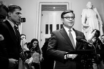 Republican House Speaker Mike Johnson addressing the press in the Capitol