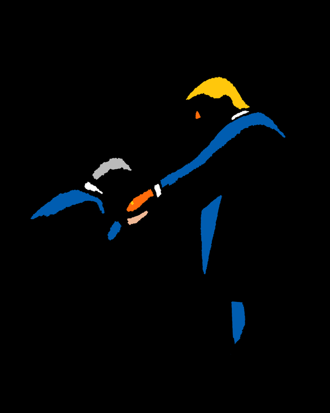 illustration with abstract figures of yellow-haired figure in blue suit standing and extending orange hand with ring for kneeling figure in blue suit to kiss, on black background