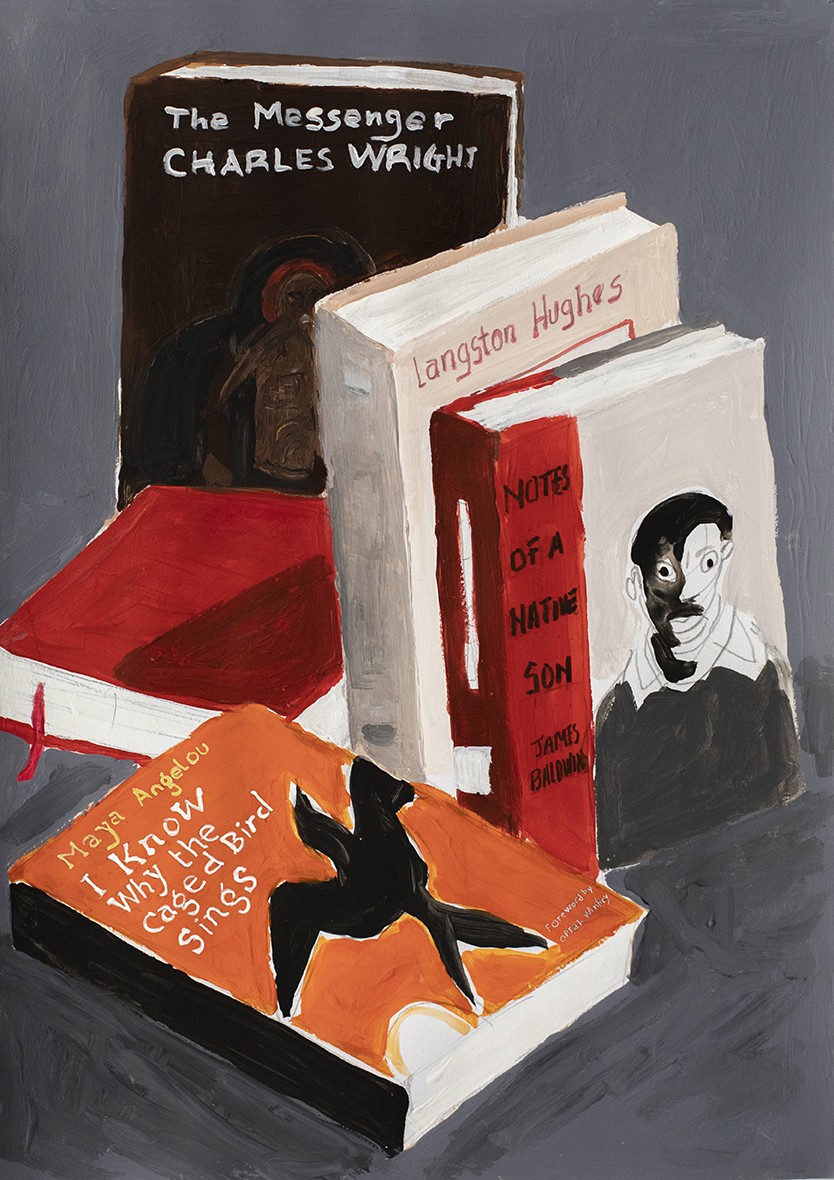 painting of books including Maya Angelou's "I Know Why the Caged Bird Sings," Charles Wright's "The Messenger," James Baldwin's "Notes of a Native Son," a book by Langston Hughes, and a journal with a red ribbon