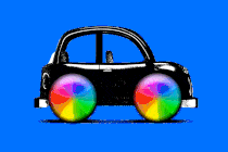 An animation of an old car with with colorful loading circles for wheels.